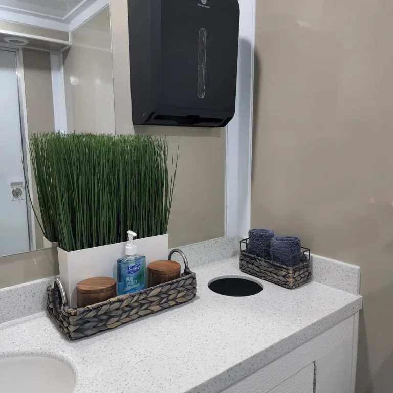 Close view of the sink counter, dispensers and guest supplies.